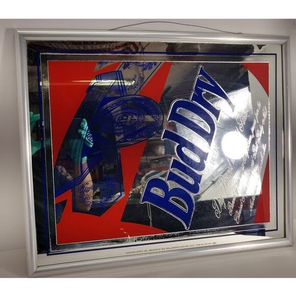 Bud Dry Mirror Bar Sign Budweiser Anheuser-Bush Beer Vintage 1989 USA Man Cave - Picture 8 of 13